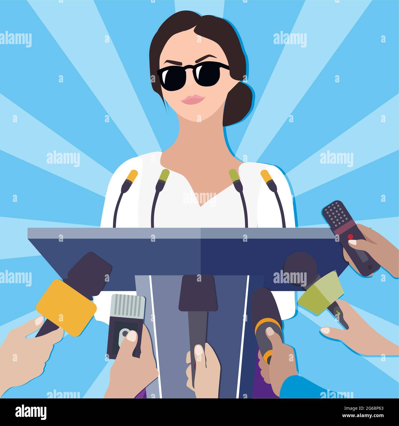 Famous lady makes statement for press conference for mass media. Woman presentation or press release, pedestal with microphon for political speech, ve Stock Vector