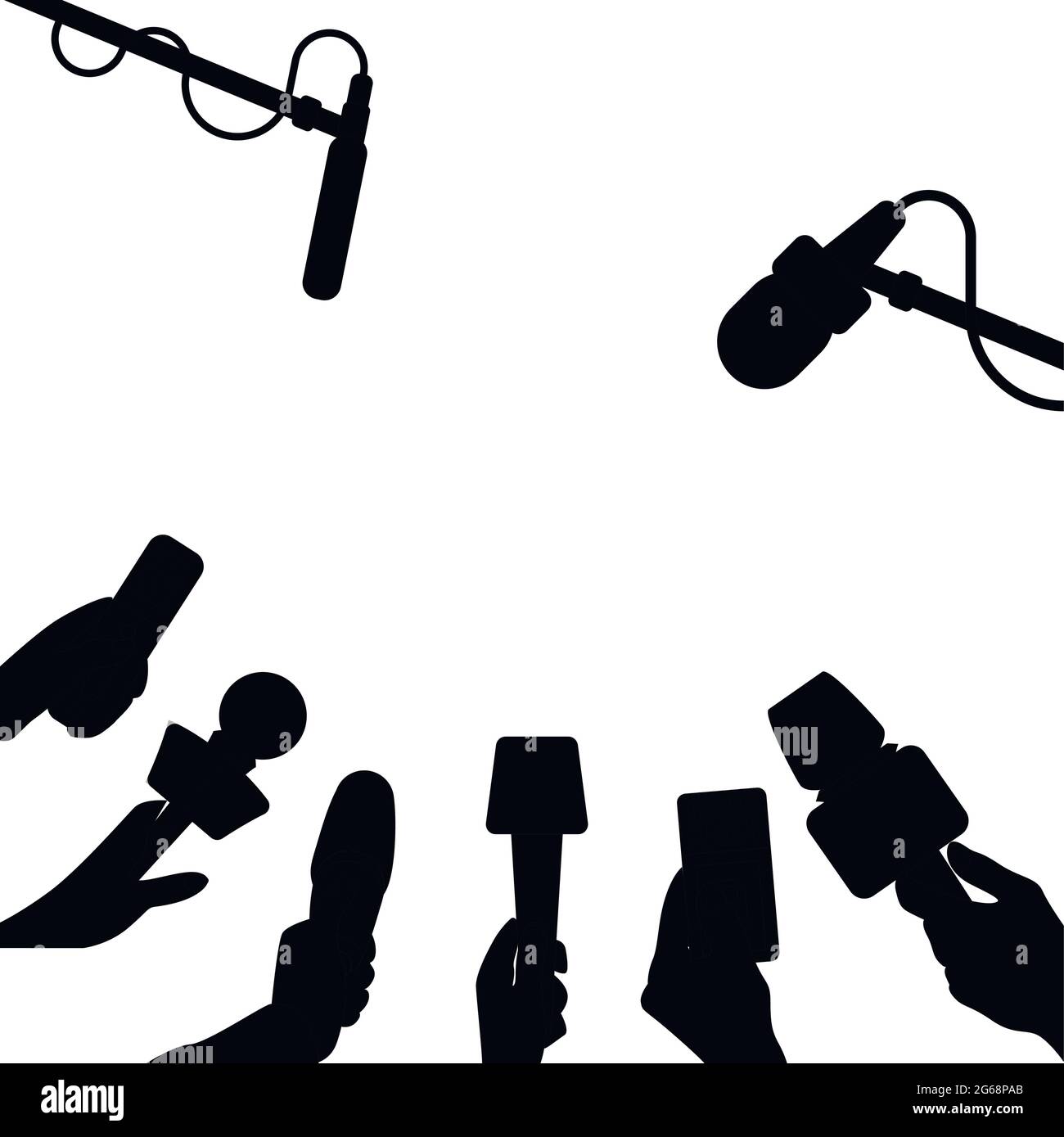 Black silhouette press conference or tv broadcasting. Set of microphones holded by hands of correspondents. Concept of mass news and journalism, banne Stock Vector