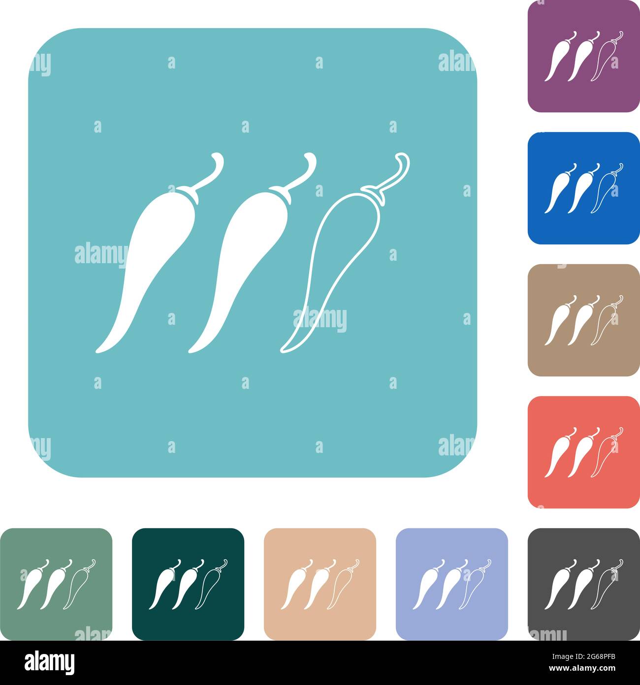 Spicy chili pepper level white flat icons on color rounded square ...