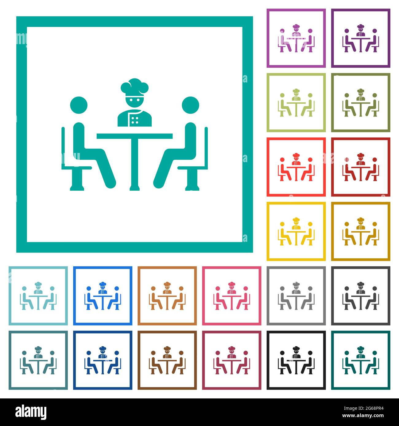 Restaurant with chef flat color icons with quadrant frames on white background Stock Vector