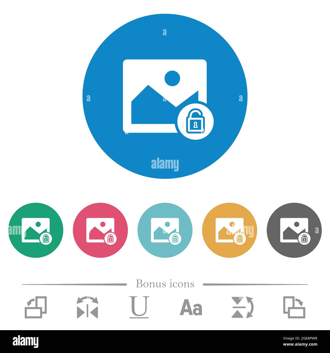 Unlocked image flat white icons on round color backgrounds. 6 bonus ...