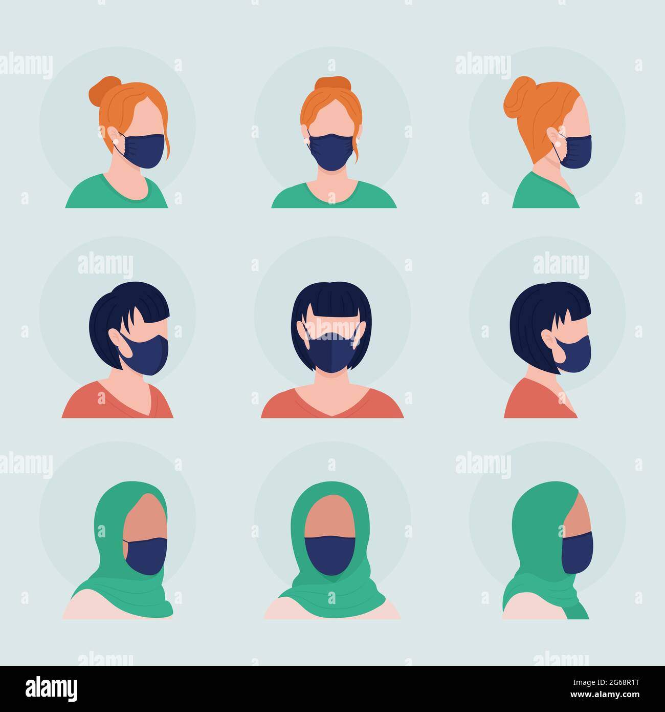 Women with black masks semi flat color vector character avatar set