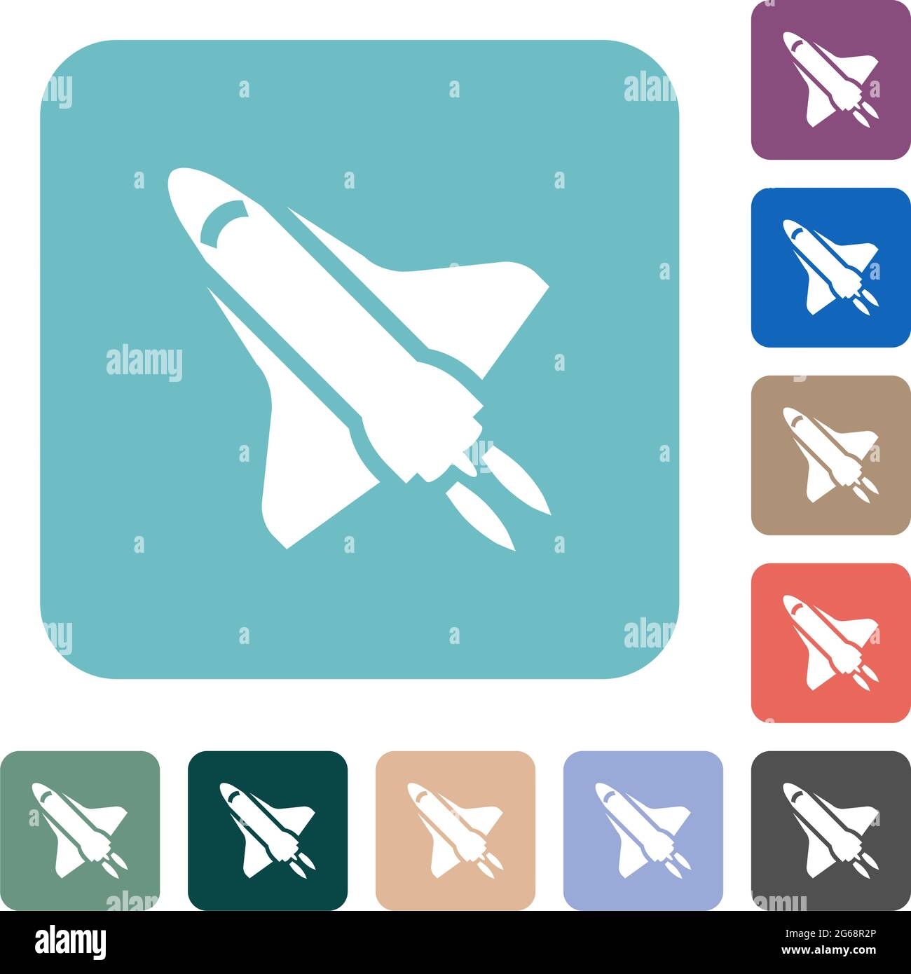 Space shuttle with propulsion white flat icons on color rounded square backgrounds Stock Vector