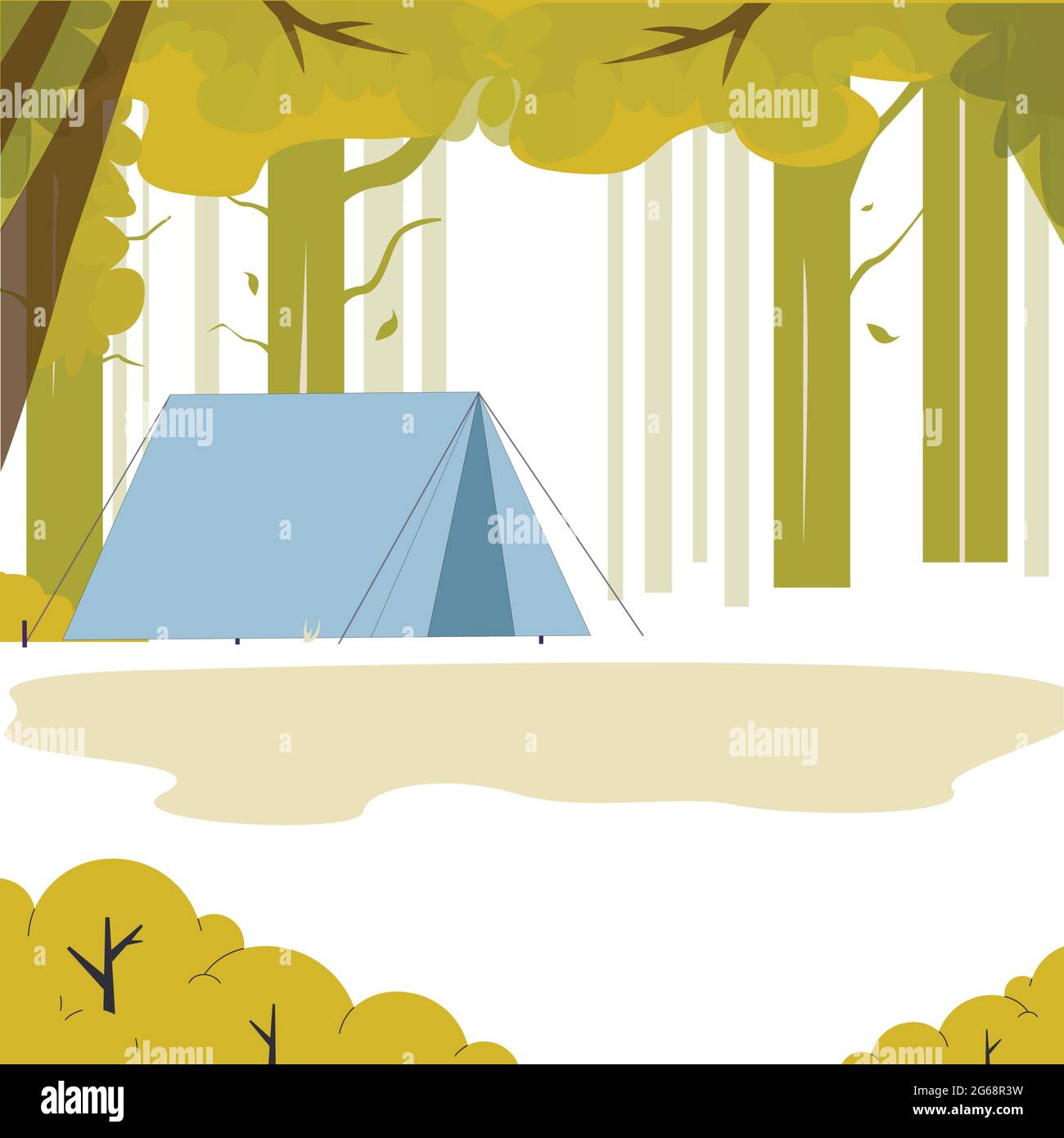 Landscape tent in green wood, place to camping. Vector adventure and tourism, outdoor wood camp, summer travel expedition Stock Vector