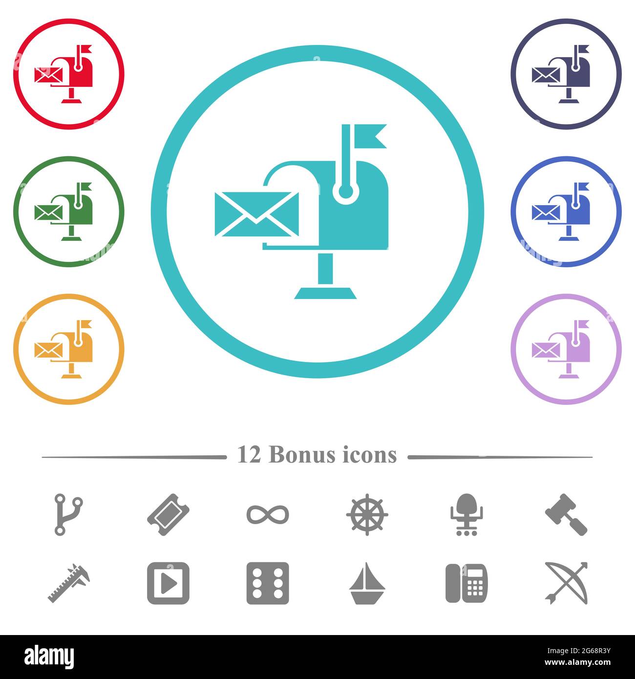 Mail received solid flat color icons in circle shape outlines. 12 bonus ...