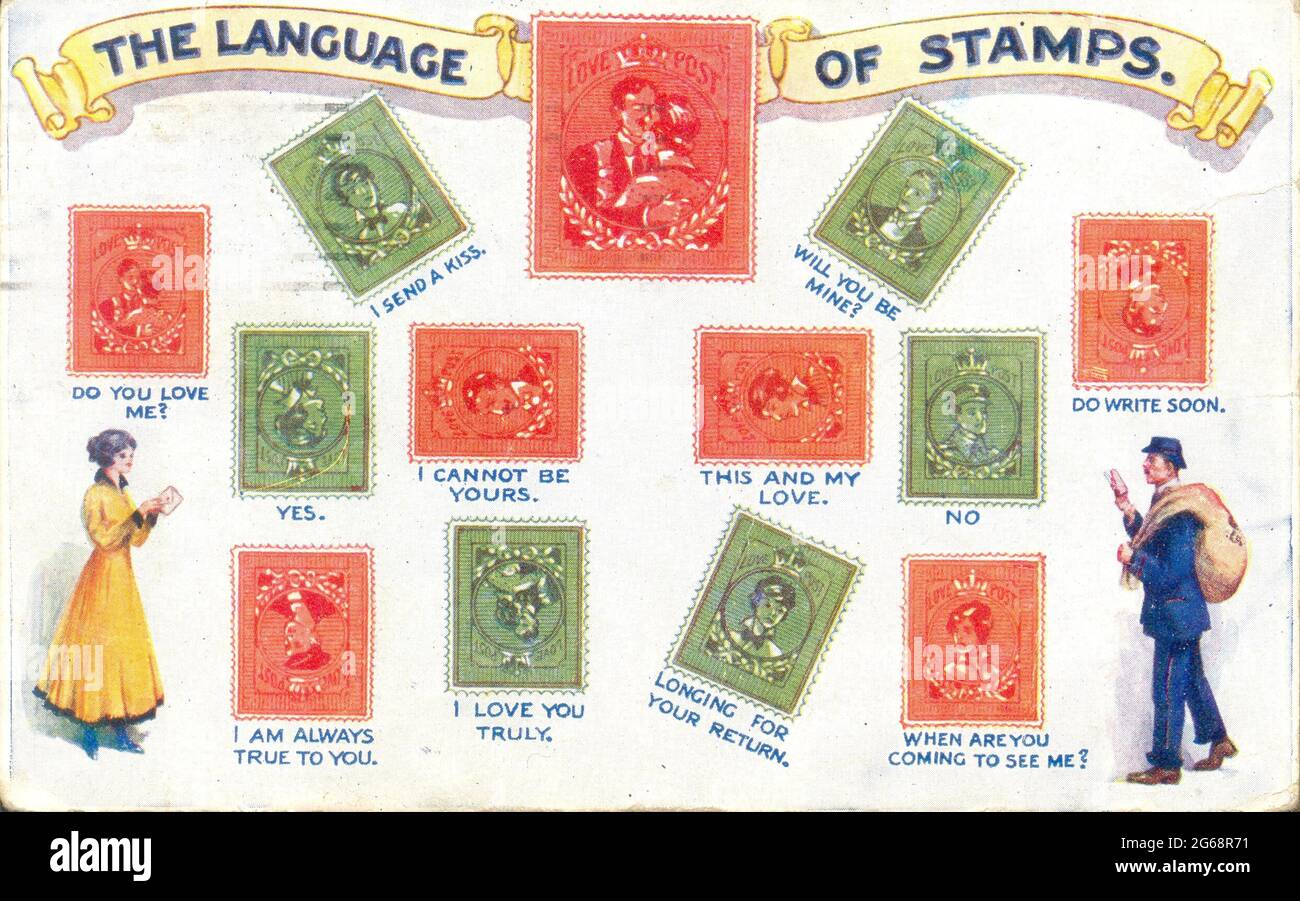 Picture postcard illustrating the Language of Stamps showing the message conveyed by the stamp placement circa 1905 Stock Photo
