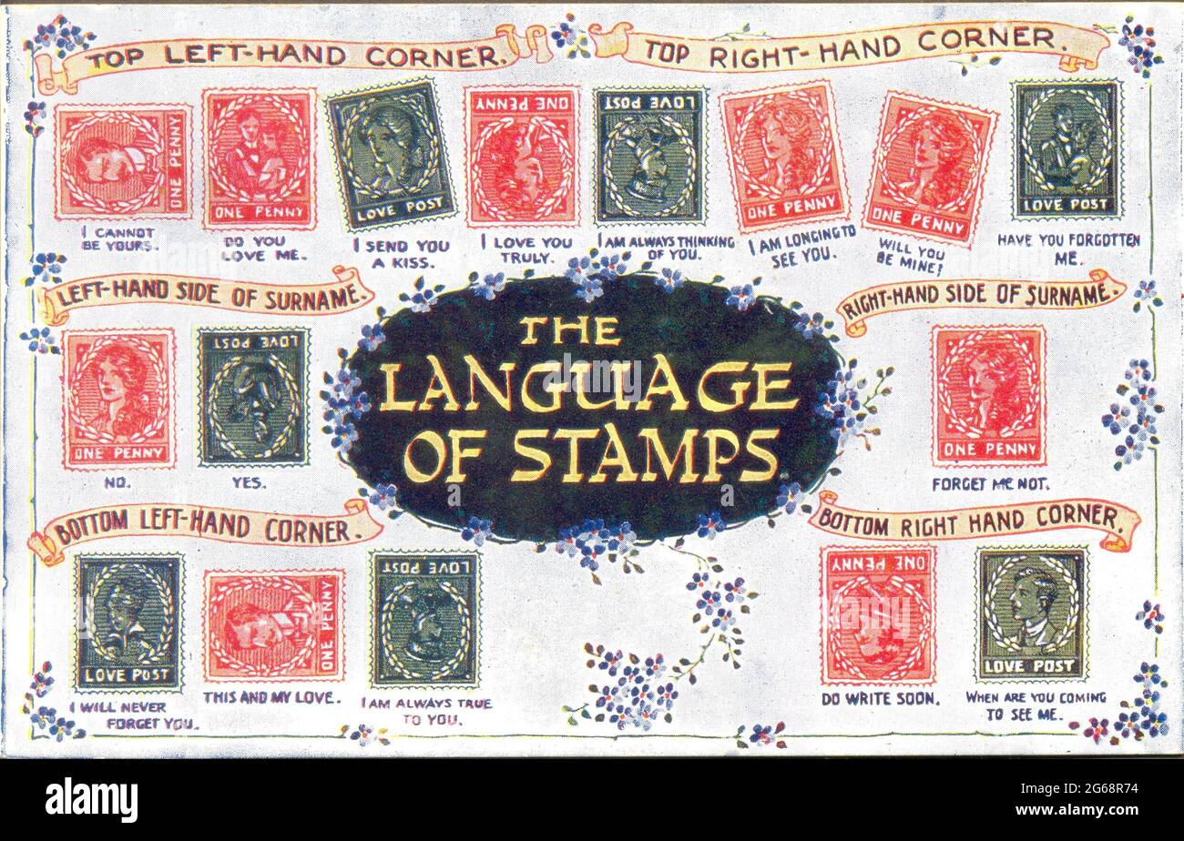 Picture postcard illustrating the Language of Stamps showing the message conveyed by the stamp placement circa 1905 Stock Photo