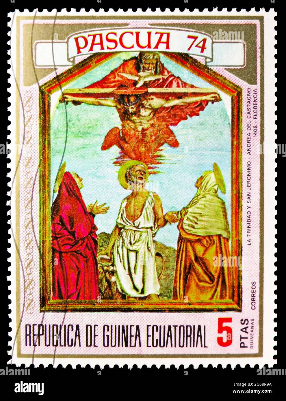 MOSCOW, RUSSIA - DECEMBER 16, 2020: Postage stamp printed in Equatorial Guinea shows Andrea del Castagno (1418-1457): Trinity and St. Jerome, Easter s Stock Photo