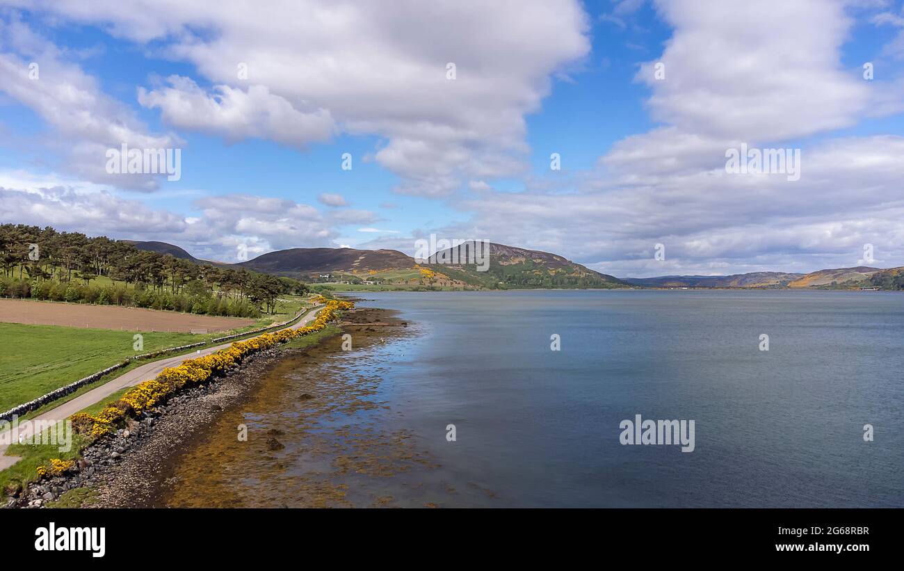 An aerial view of Loch Fleet in the Scottish Highlands, UK Stock Photo