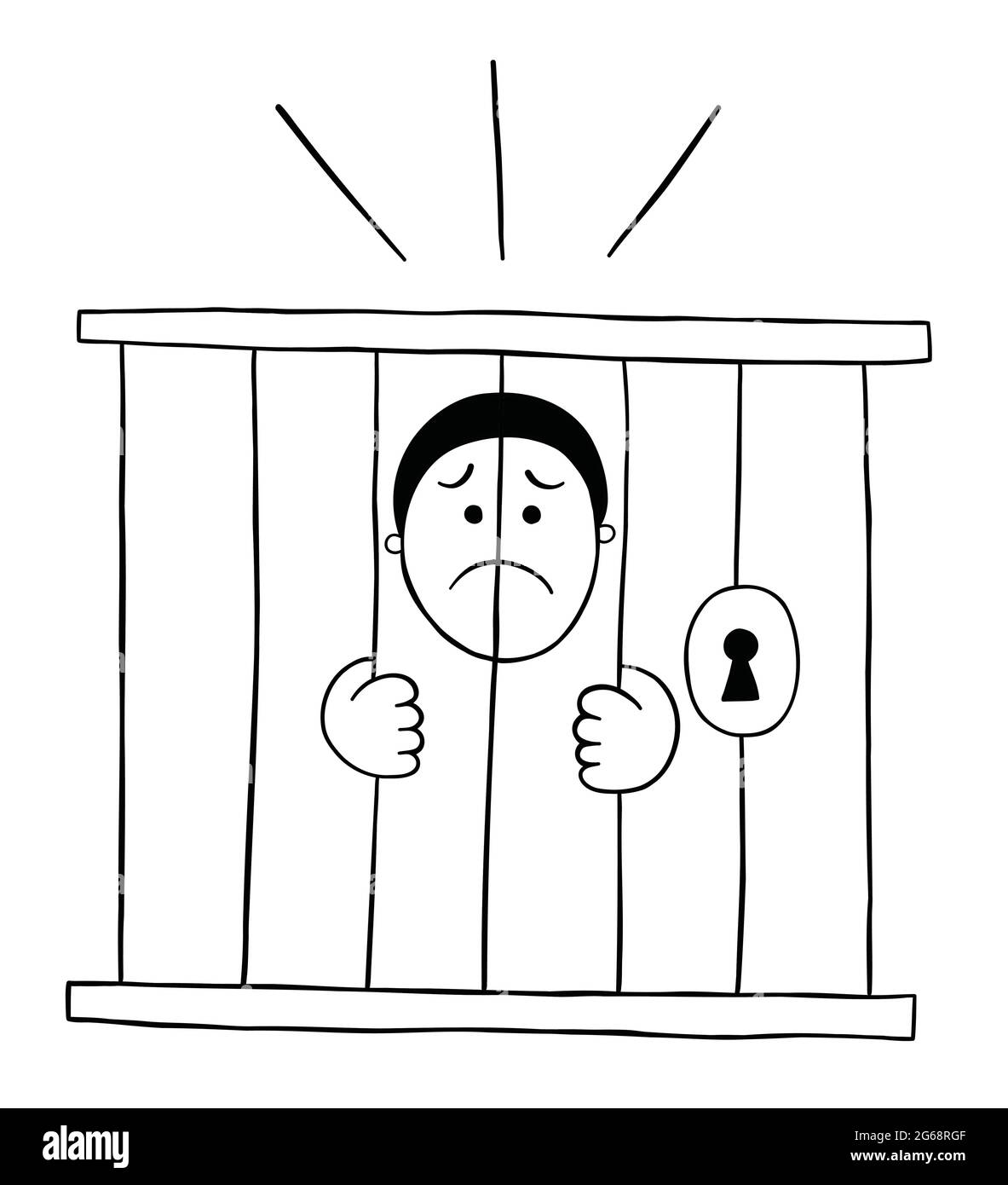 Cartoon man is in jail and very sad, vector illustration. Black outlined and white colored. Stock Vector