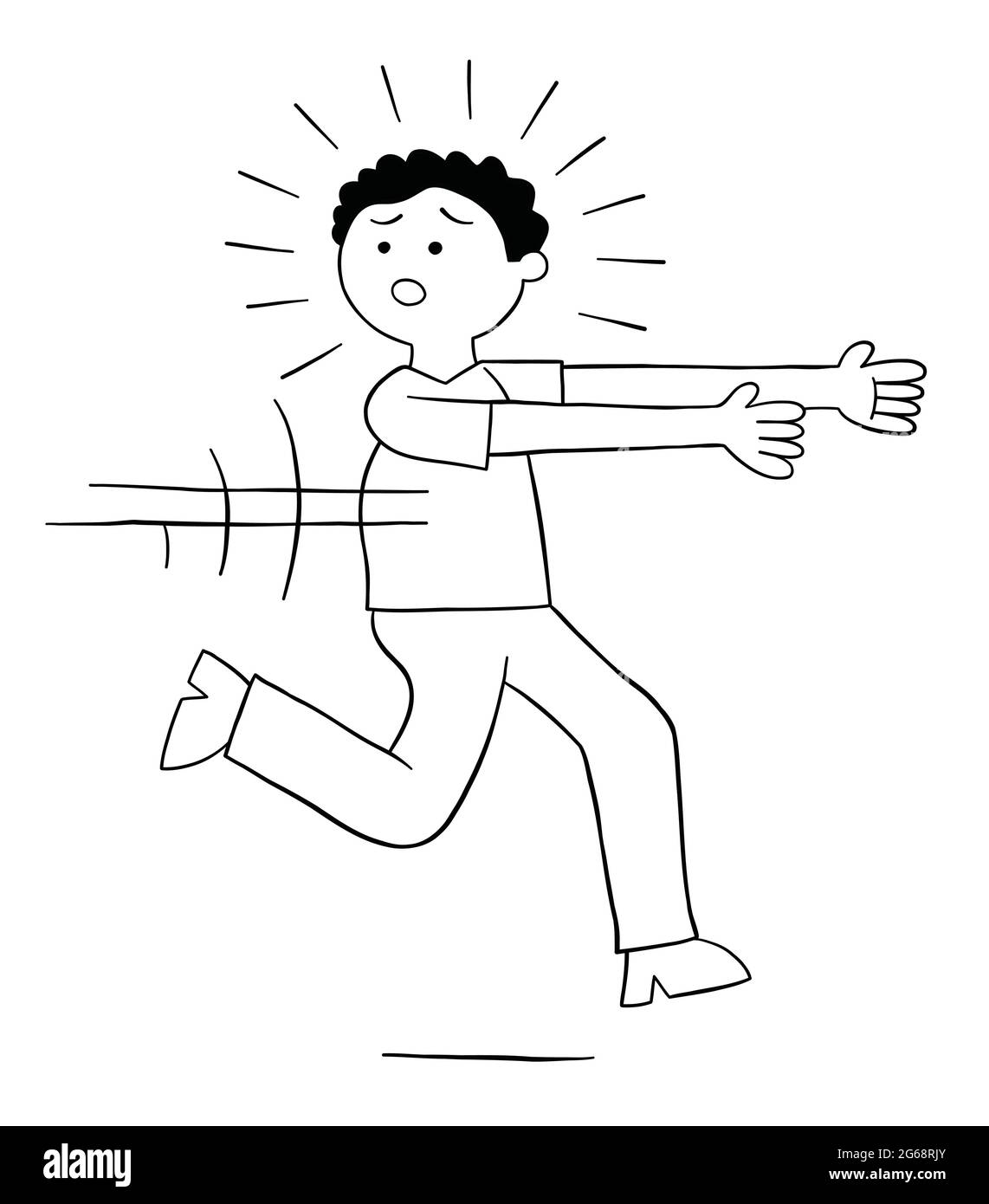 Cartoon man is afraid and runs away, vector illustration. Black outlined and white colored. Stock Vector