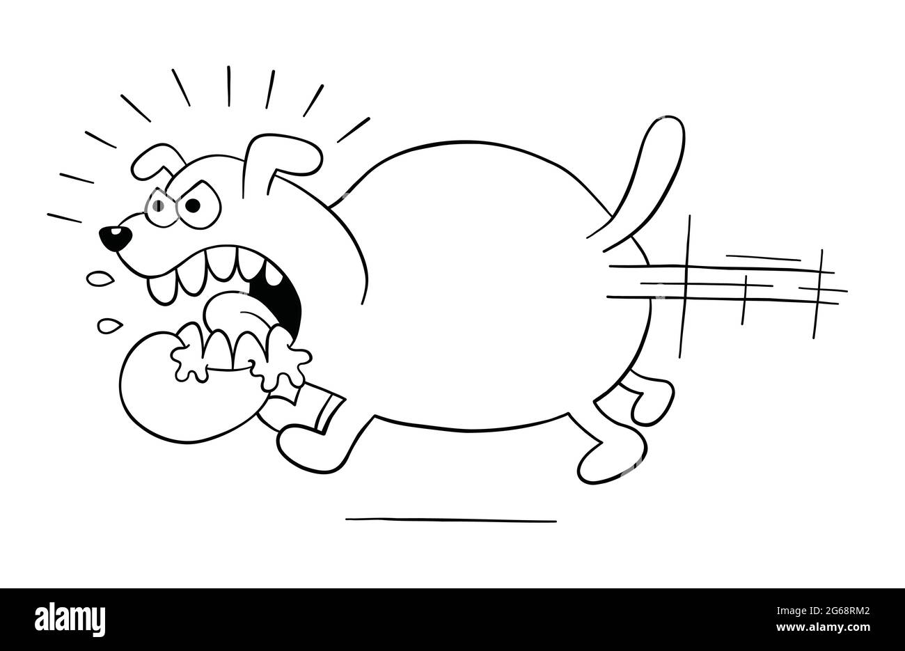 Cartoon angry and big dog running, vector illustration. Black outlined and white colored. Stock Vector