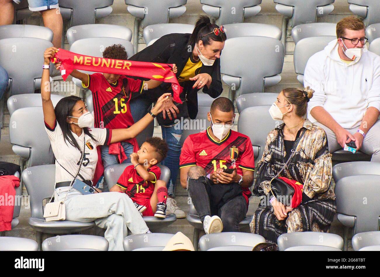 Thomas MEUNIER, Belgium Nr.15 Deborah Panzokou, girlfriend of Thomas MEUNIER, Belgium Nr.15 with son Landrys and brother in the quarterfinal match BELGIUM - ITALY 1-2 at the football UEFA European Championships 2020 in Season 2020/2021 on July 02, 2021  in Munich, Germany. © Peter Schatz / Alamy Live News Stock Photo
