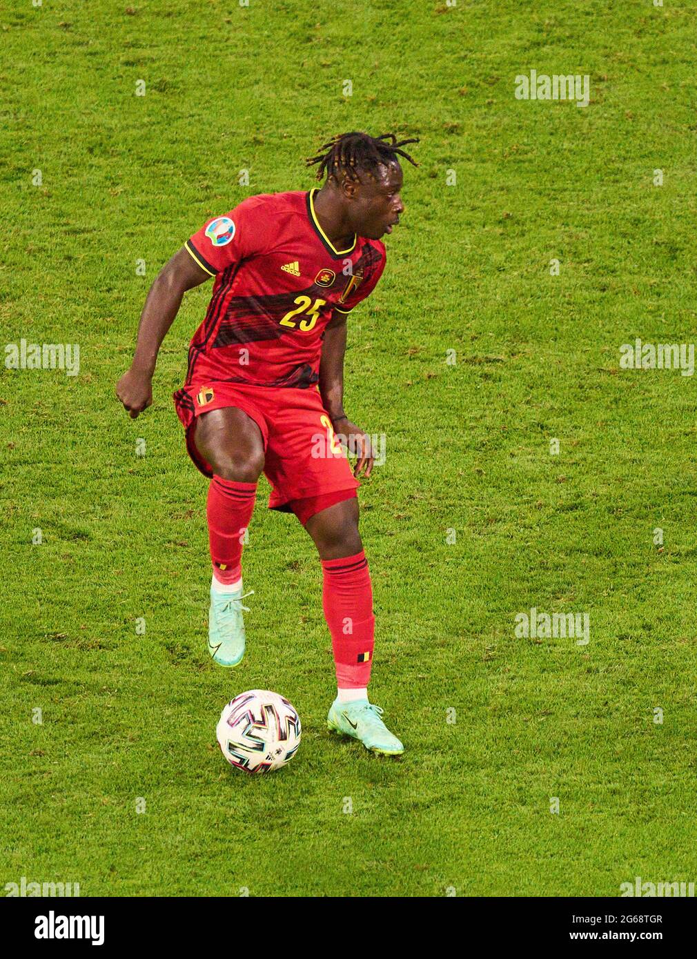 Jeremy Doku, Belgium Nr.25  in the quarterfinal match BELGIUM - ITALY 1-2 at the football UEFA European Championships 2020 in Season 2020/2021 on July 02, 2021  in Munich, Germany. © Peter Schatz / Alamy Live News Stock Photo
