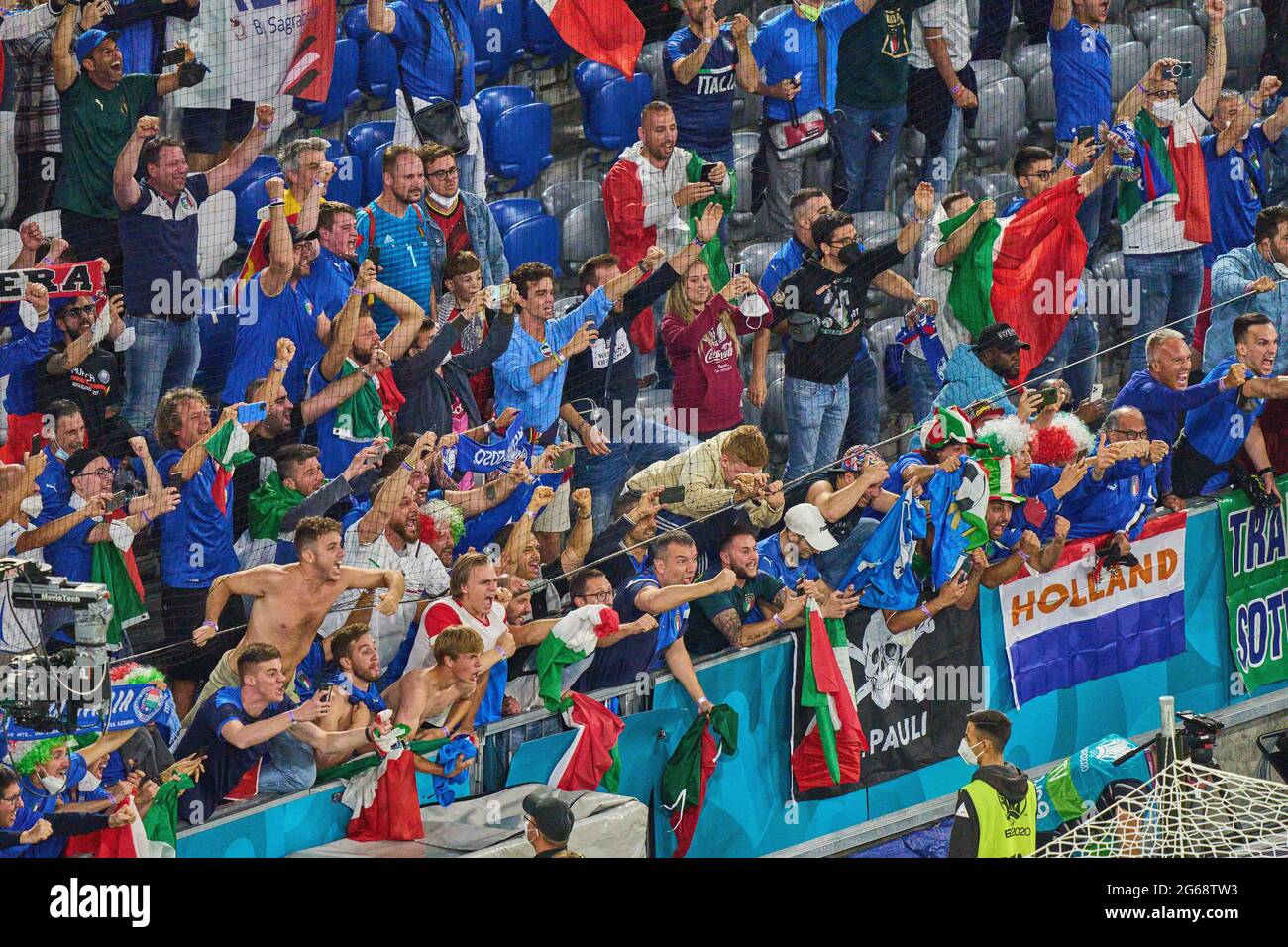 Italian fans celebrate their team in the quarterfinal match BELGIUM - ITALY 1-2 at the football UEFA European Championships 2020 in Season 2020/2021 on July 02, 2021  in Munich, Germany. © Peter Schatz / Alamy Live News Stock Photo