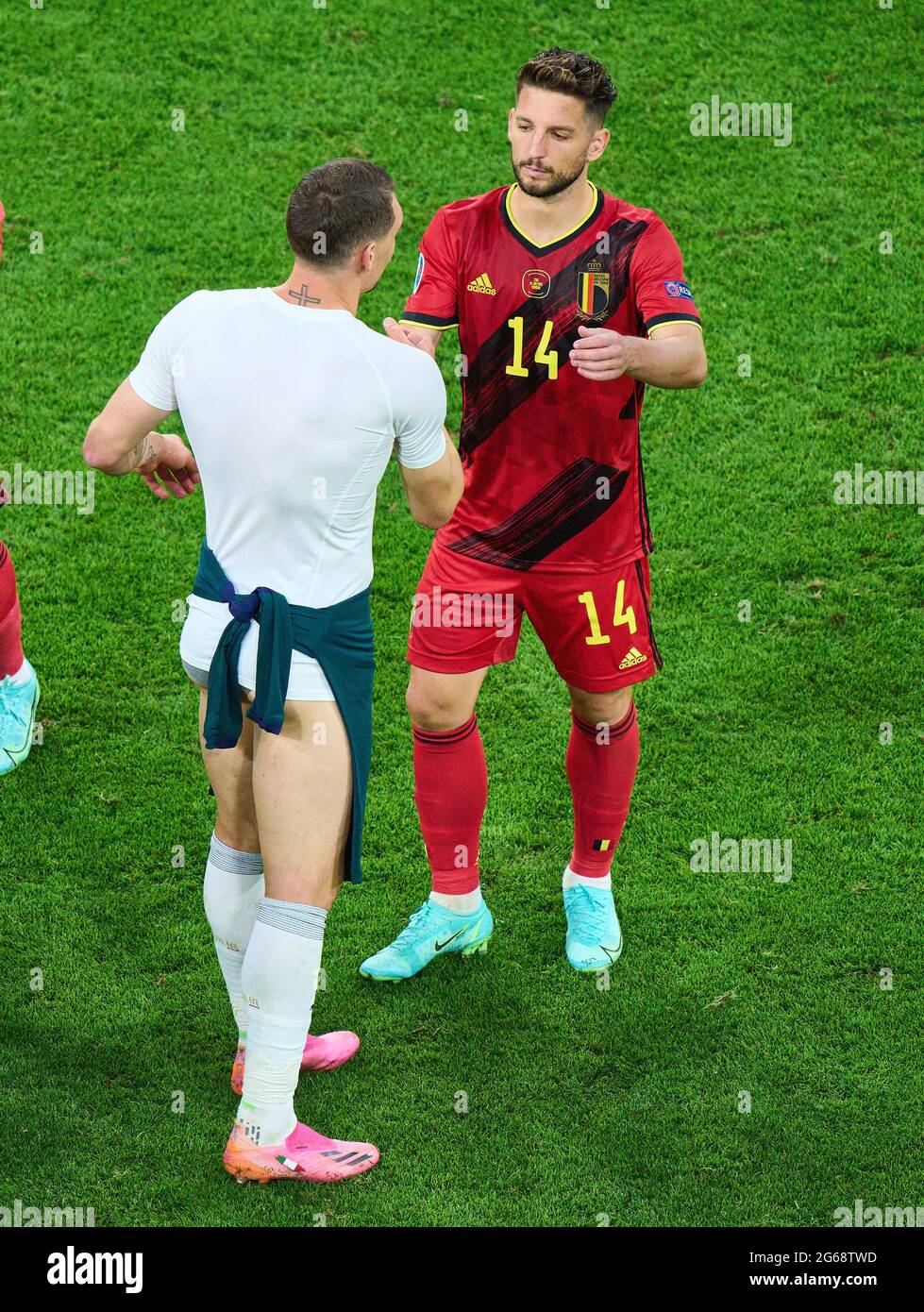 Alessandro Bastoni, ITA 23 without jersey and trousers, Dries Mertens, Belgium Nr.14  in the quarterfinal match BELGIUM - ITALY 1-2 at the football UEFA European Championships 2020 in Season 2020/2021 on July 02, 2021  in Munich, Germany. © Peter Schatz / Alamy Live News Stock Photo