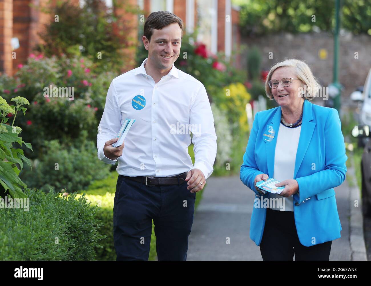Fine Gael candidate James Geoghegan canvassing in Rathgar with MEP Frances Fitzgerald in the Dublin Bay South by-election. Picture date: Thursday July 1, 2021. Stock Photo