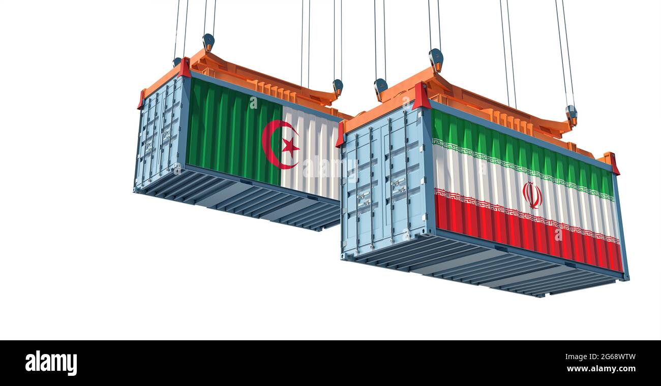 Freight containers with Algeria and Iran flag. 3D Rendering Stock Photo