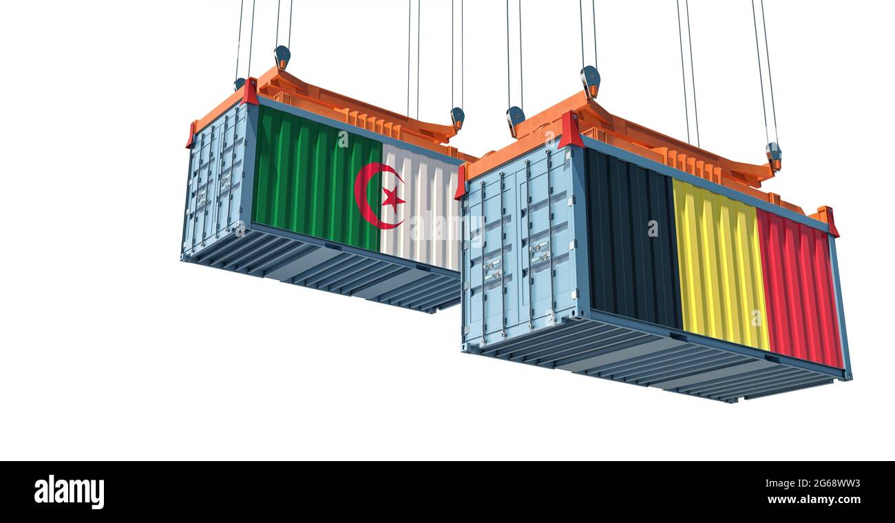 Freight containers with Algeria and Belgium flag. 3D Rendering Stock Photo