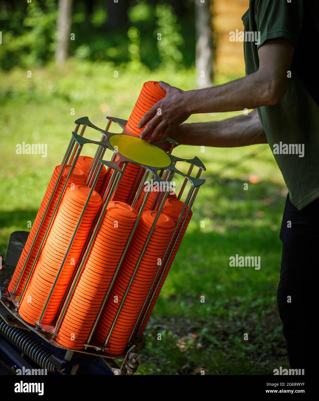 Traps machine for shooting-ground training. Automatic machine machine for launching clay pigeons. Stock Photo