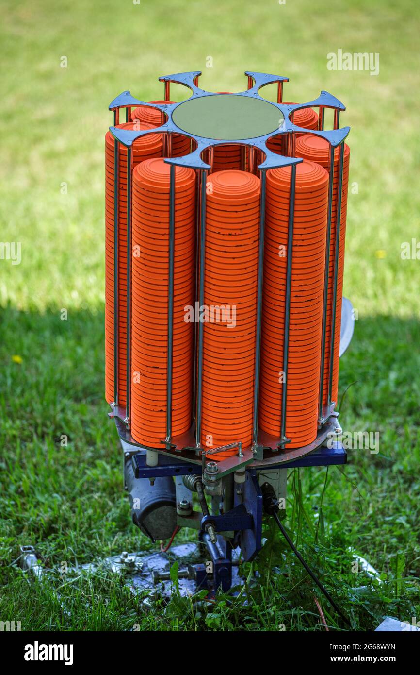 Traps machine for shooting-ground training. Automatic machine machine for launching clay pigeons. Stock Photo