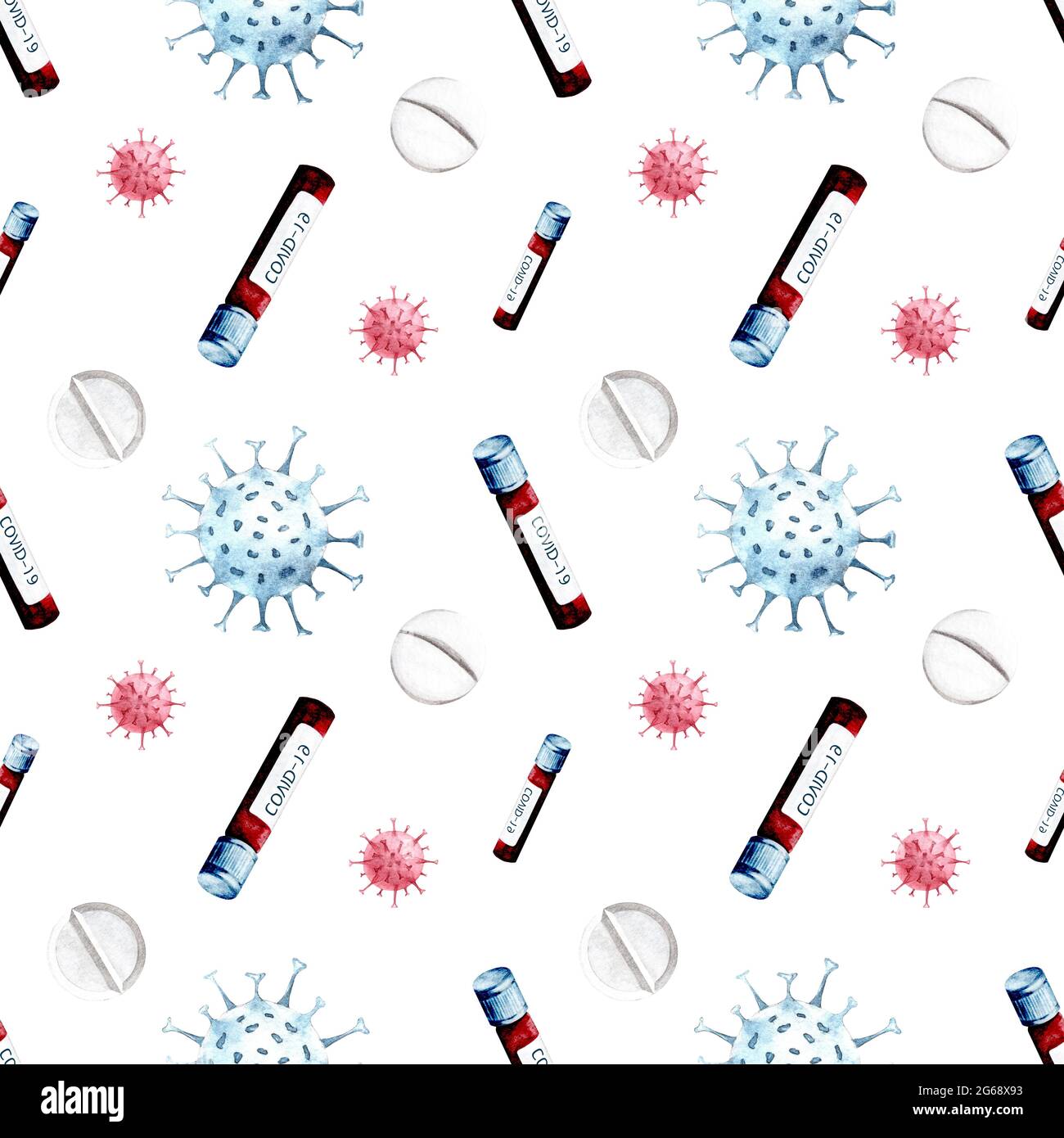 Watercolor hand drawn coronavirus medical supplies seamless pattern ...