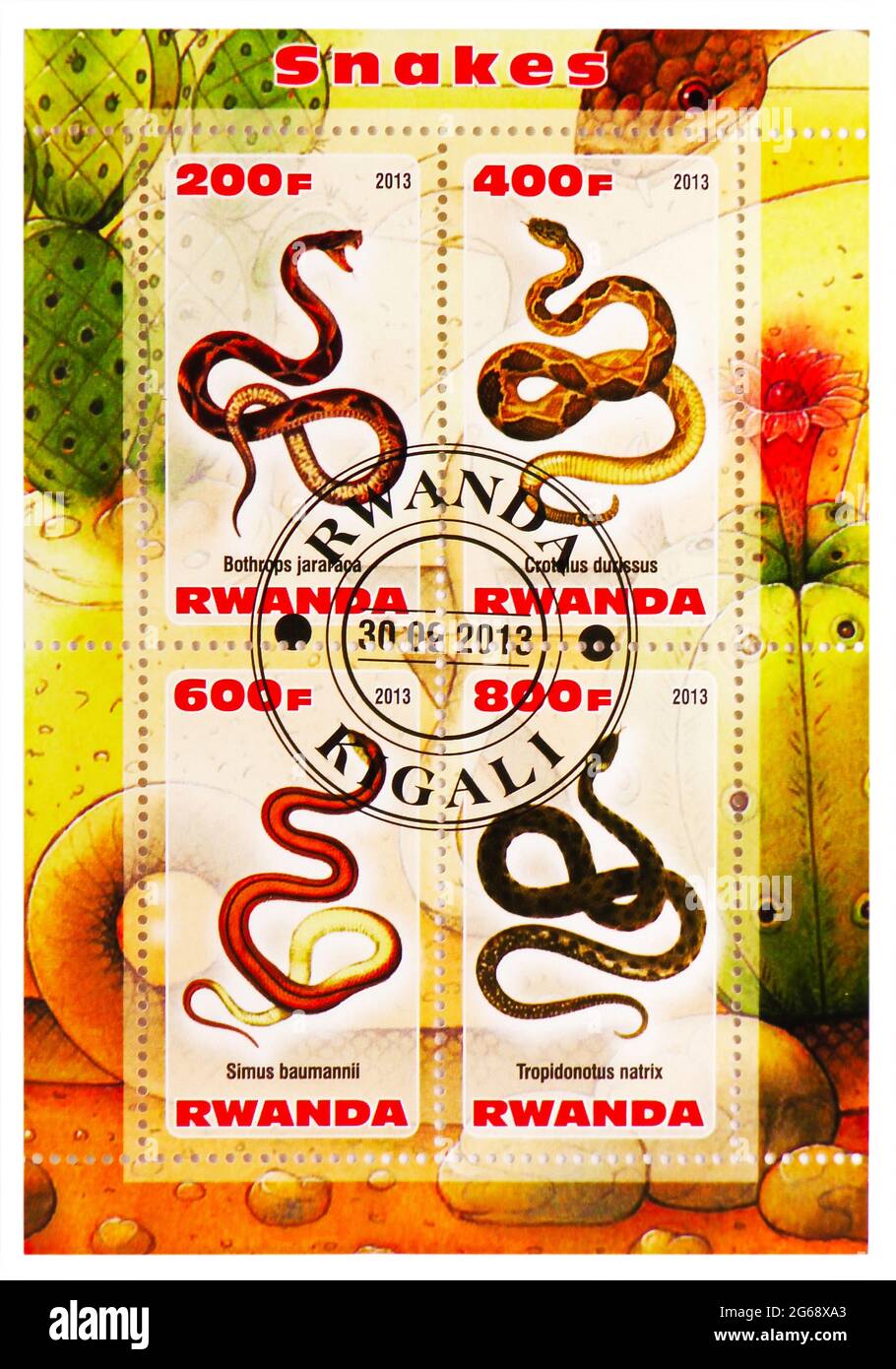 MOSCOW, RUSSIA - MARCH 28, 2020: Four postage stamps printed in Rwanda shows Snakes serie, circa 2013 Stock Photo