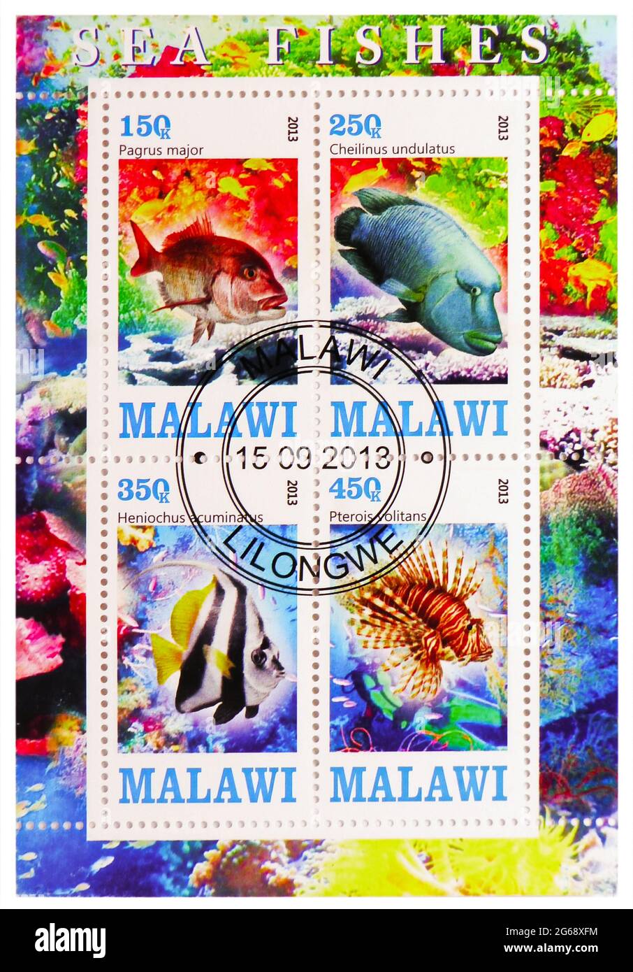 MOSCOW, RUSSIA - MARCH 28, 2020: Four postage stamps printed in Malawi shows Sea fishes serie, circa 2013 Stock Photo