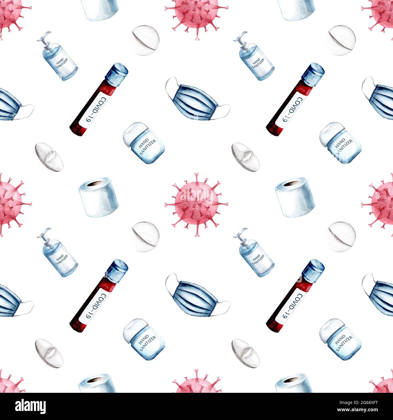 Watercolor hand drawn coronavirus medical supplies seamless pattern ...