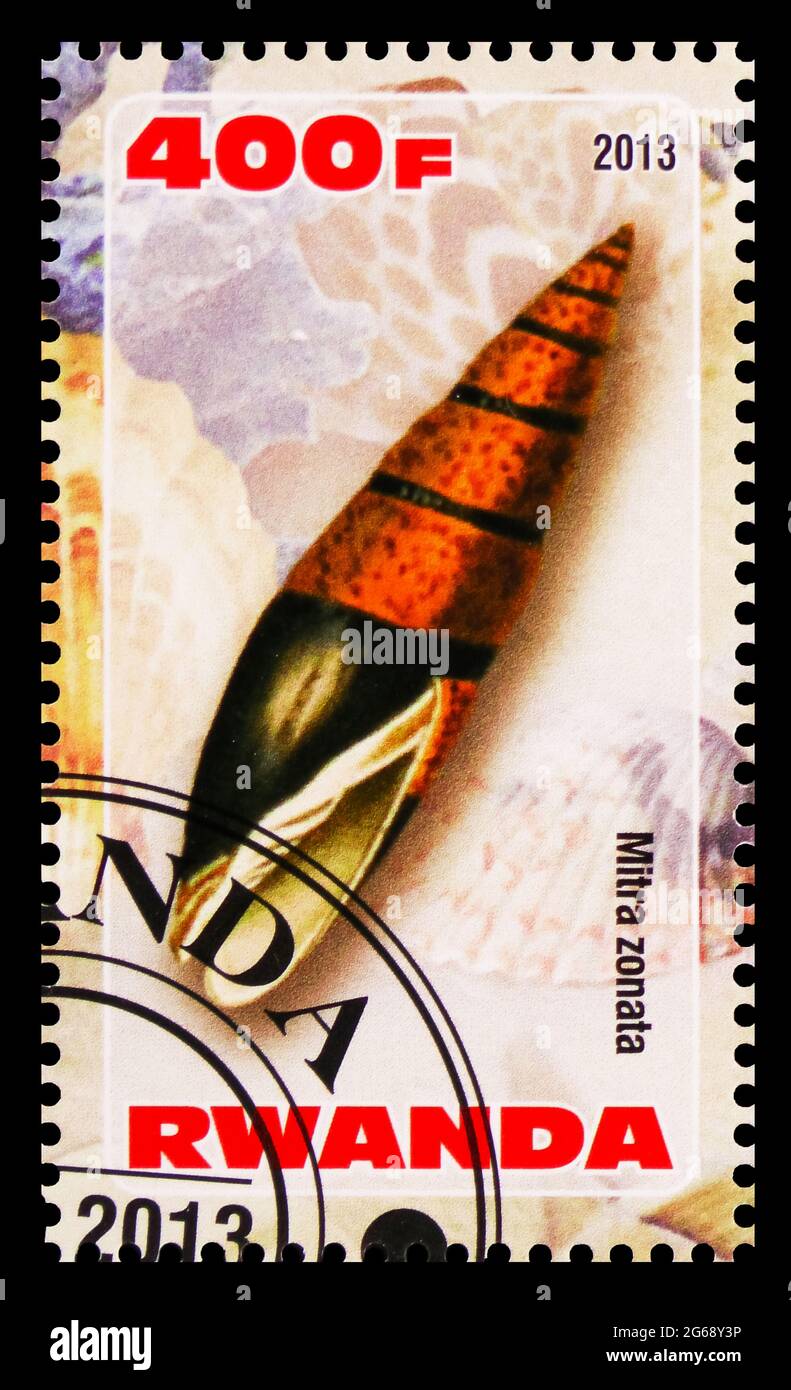 MOSCOW, RUSSIA - MARCH 28, 2020: Postage stamp printed in Rwanda shows Mitra zonata, Seashells serie, circa 2013 Stock Photo