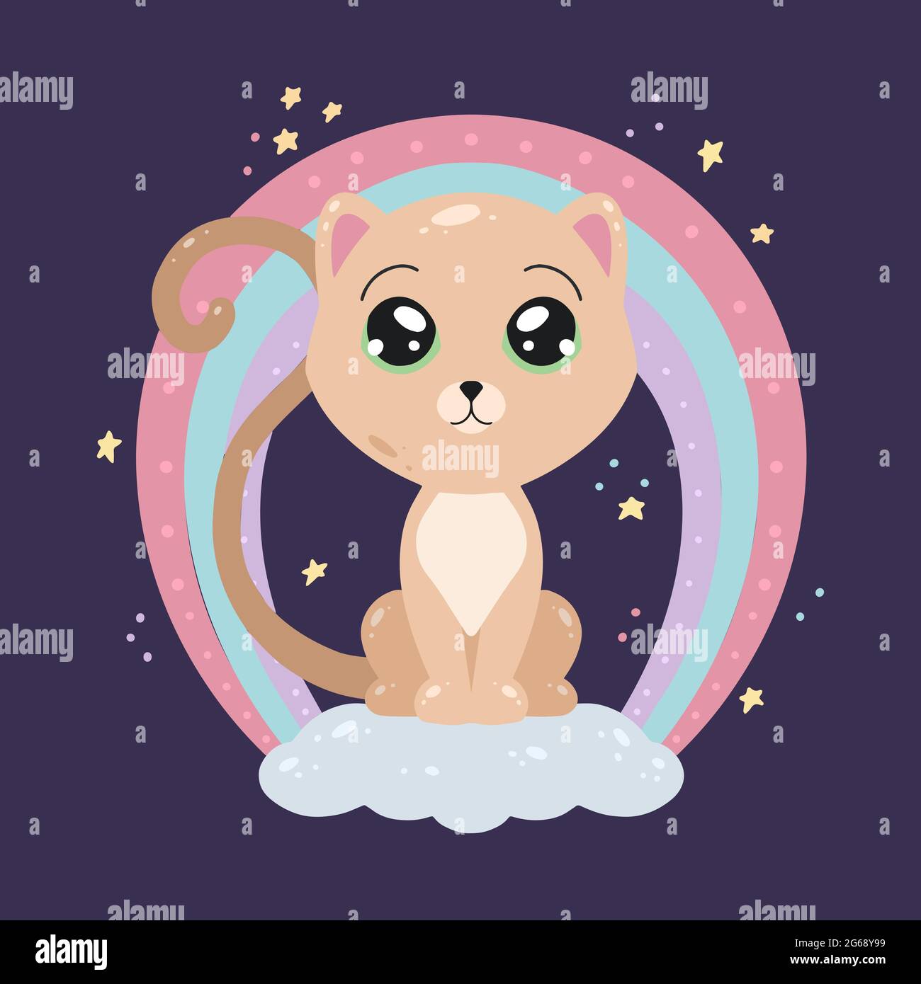 Cute childish illustration of cat on a cloud with a rainbow and stars ...