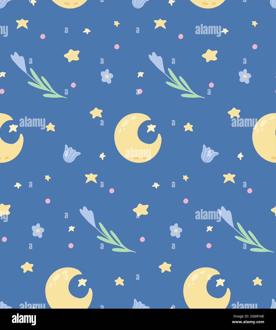 Cute childish pattern with star, crescent and flowers on blue background. Vector texture with moon and floral pattern. Cartoon summer night wallpaper Stock Vector