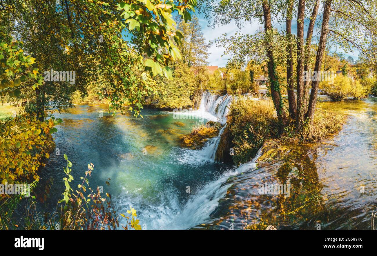 Landscape with lake and  waterfall in Rastoke village  near Slunj in Croatia Stock Photo