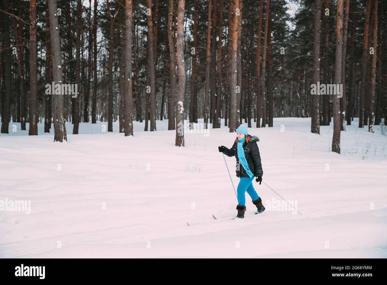 Active Adult Caucasian Woman Have Fun Are Skiing In Winter Snowy Forest. Active Healthy Lifestyle On Winter Nature Stock Photo