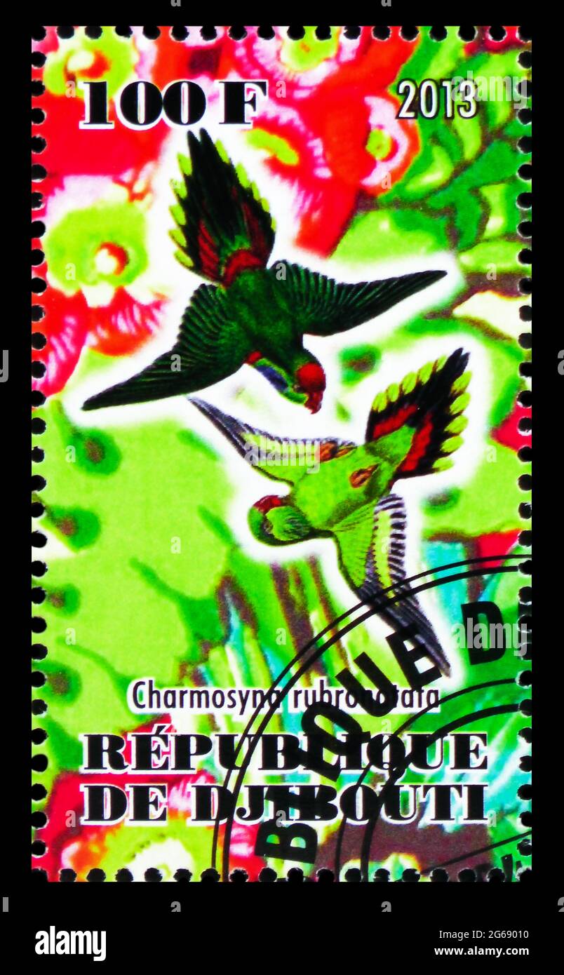 MOSCOW, RUSSIA - MARCH 28, 2020: Postage stamp printed in Djibouti shows Charmosyna rubronotata, Parrots serie, circa 2013 Stock Photo