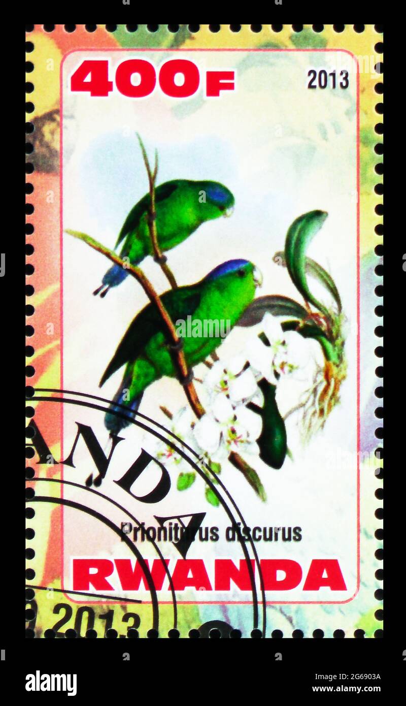 MOSCOW, RUSSIA - MARCH 28, 2020: Postage stamp printed in Rwanda shows Prioniturus discurus, Parrots serie, circa 2013 Stock Photo