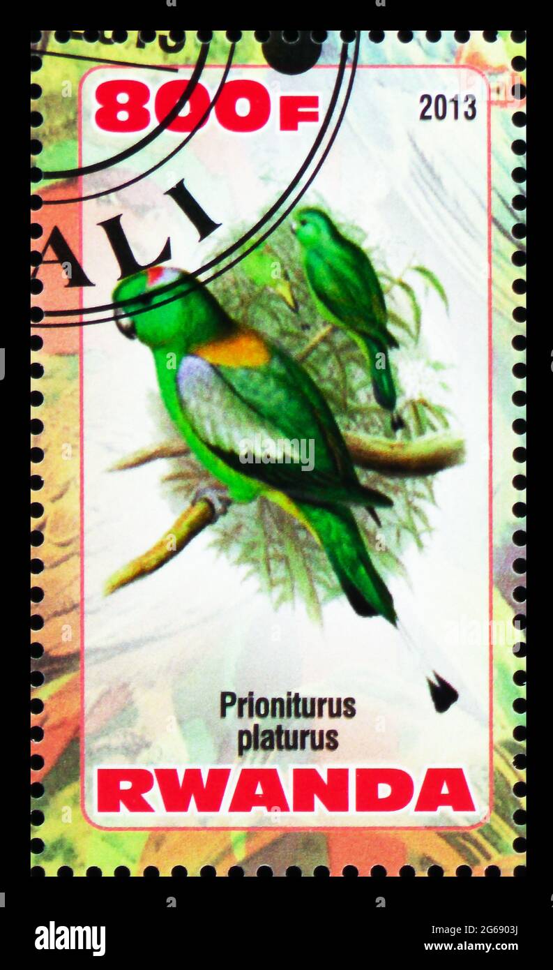 MOSCOW, RUSSIA - MARCH 28, 2020: Postage stamp printed in Rwanda shows Prioniturus platurus, Parrots serie, circa 2013 Stock Photo