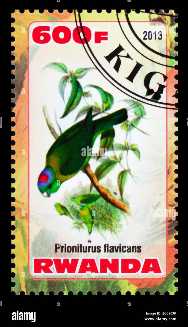 MOSCOW, RUSSIA - MARCH 28, 2020: Postage stamp printed in Rwanda shows Prioniturus flavicans, Parrots serie, circa 2013 Stock Photo