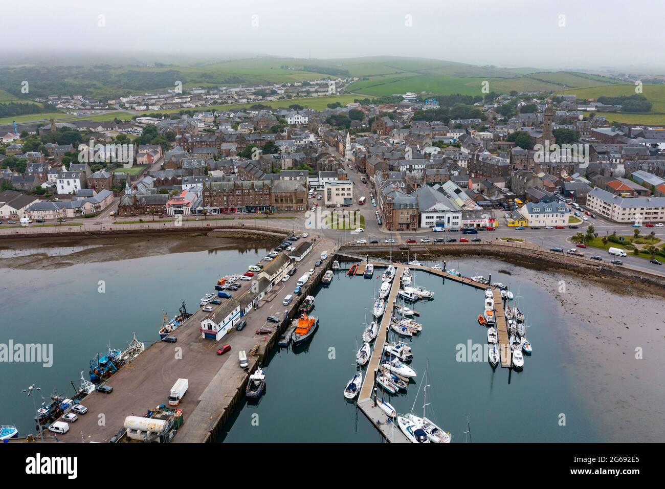 Aerial view from drone of Campbeltown and harbour on Kintyre peninsula , Argyll & Bute, Scotland