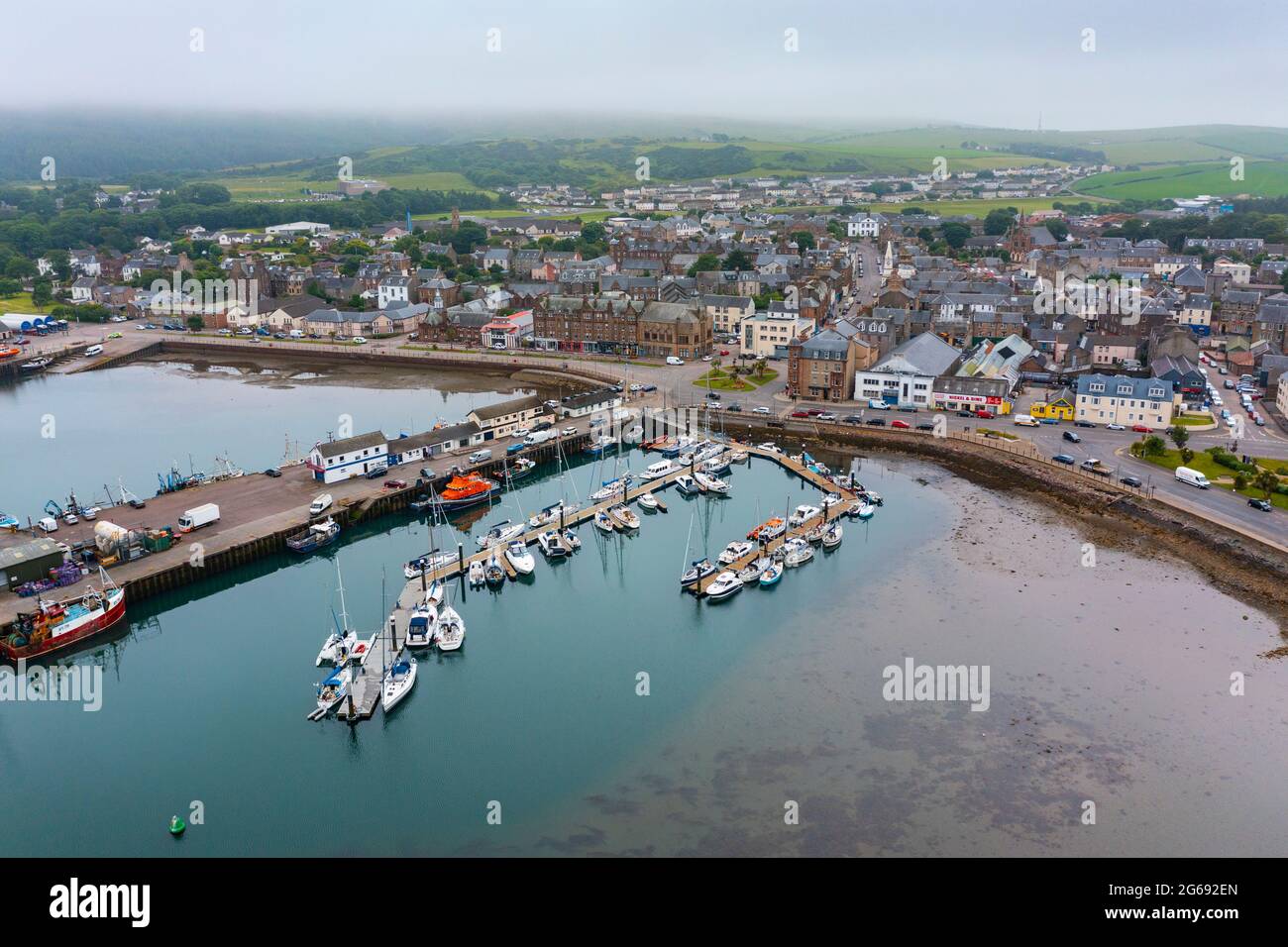 Aerial view from drone of Campbeltown and harbour on Kintyre peninsula