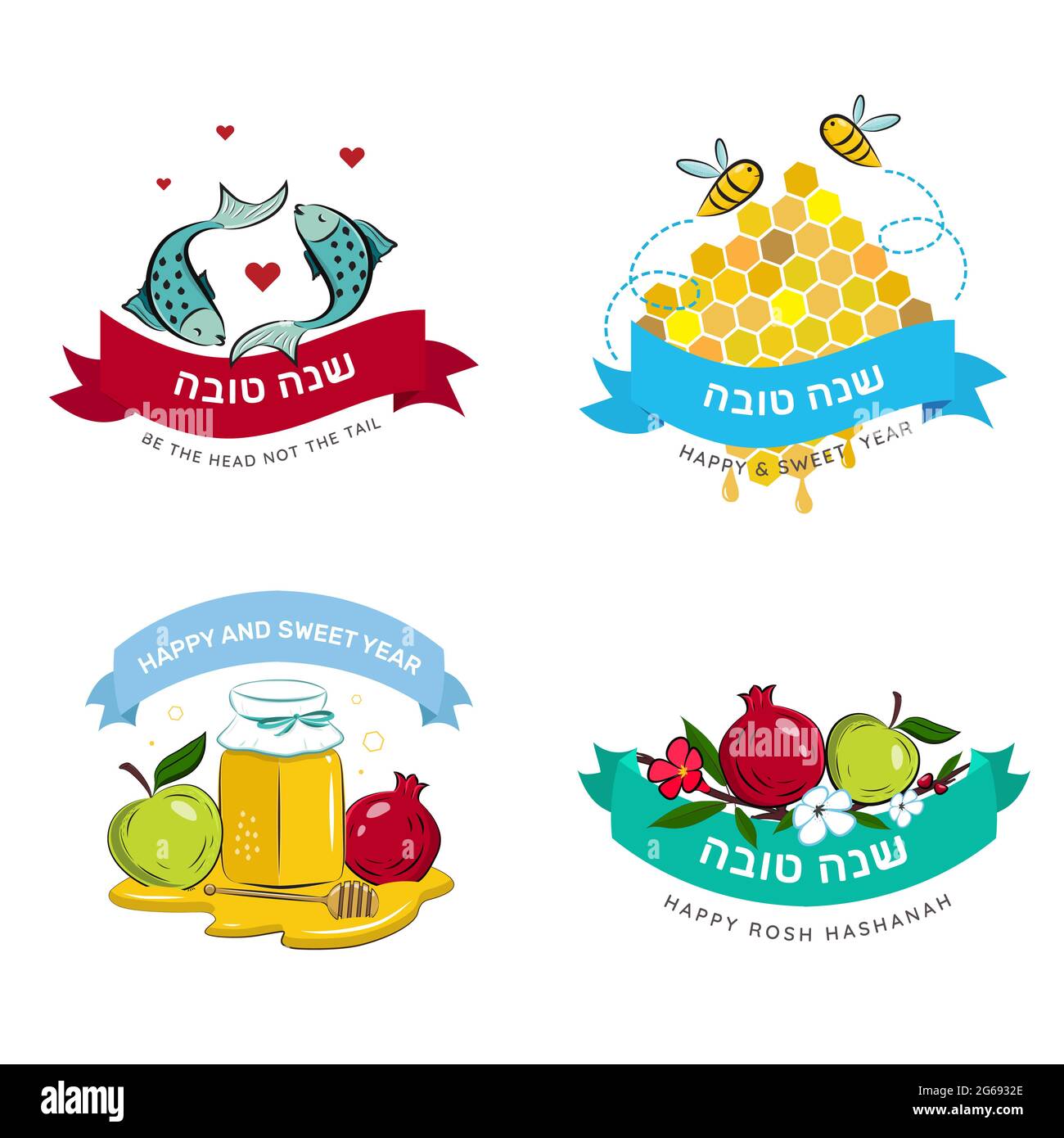 Rosh Hashanah Jewish holiday greeting cards badges with traditional greetings and symbols, apple, pomegranate, honey, fish. Happy new year in Hebrew. Stock Vector