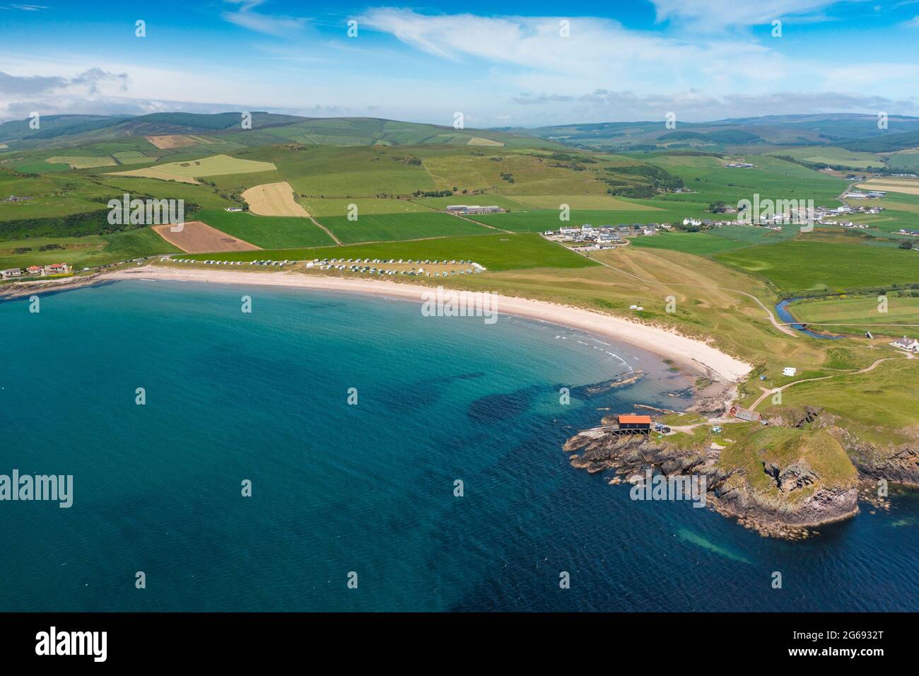 Aerial view from drone of Dunaverty Bay Beach on Kintyre peninsula, Southend, Argyll and Bute, Scotland, Uk Stock Photo