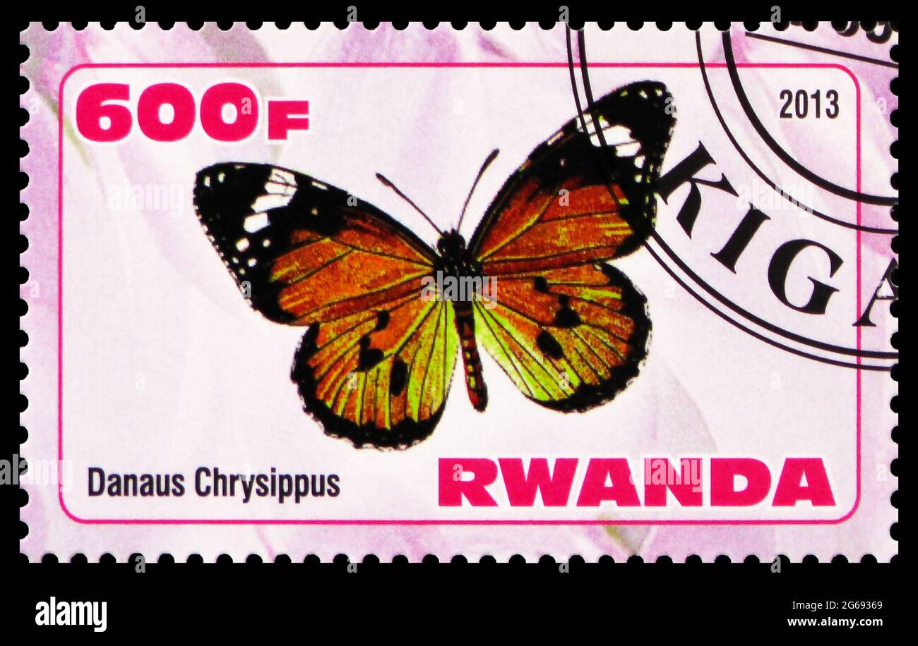 MOSCOW, RUSSIA - MARCH 28, 2020: Postage stamp printed in Rwanda shows Danaus Chrysippus, Butterflies serie, circa 2013 Stock Photo