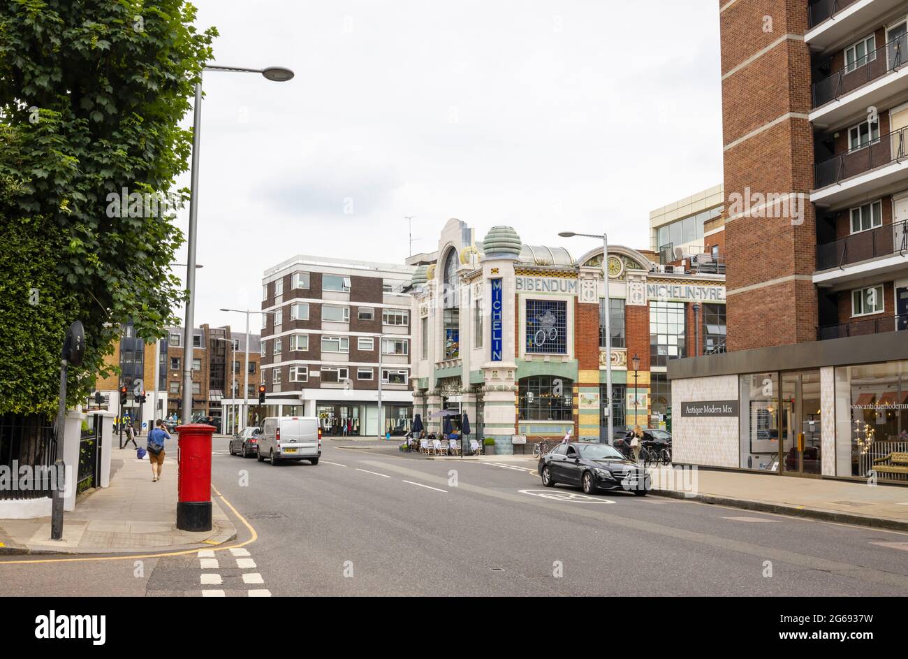 Exterior view of Bibendum, a restaurant in the historic art deco Michelin House building in Fulham Road, Kensington & Chelsea, London SW3 Stock Photo
