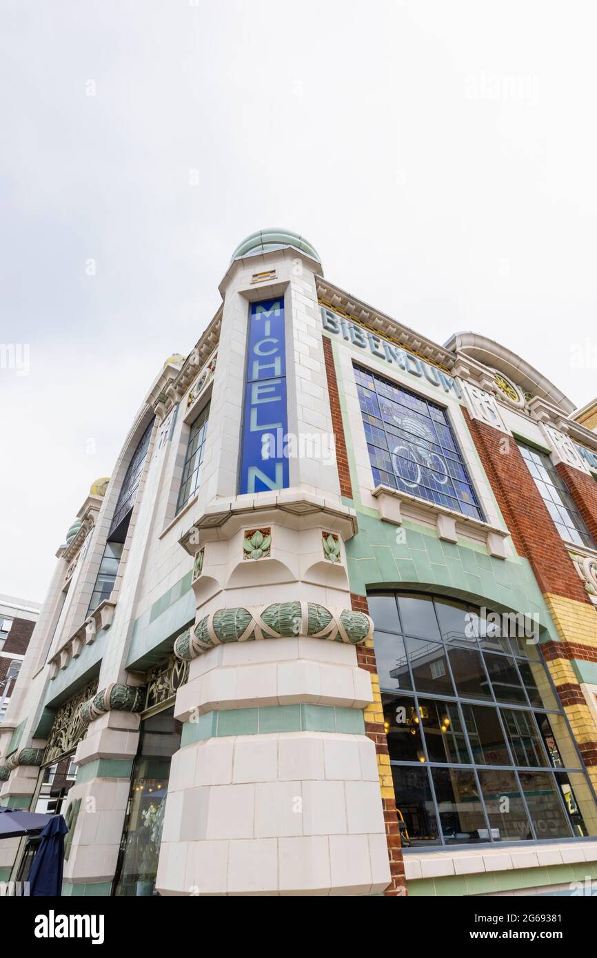 Exterior view of Bibendum, a restaurant in the historic art deco Michelin House building in Fulham Road, Kensington & Chelsea, London SW3 Stock Photo
