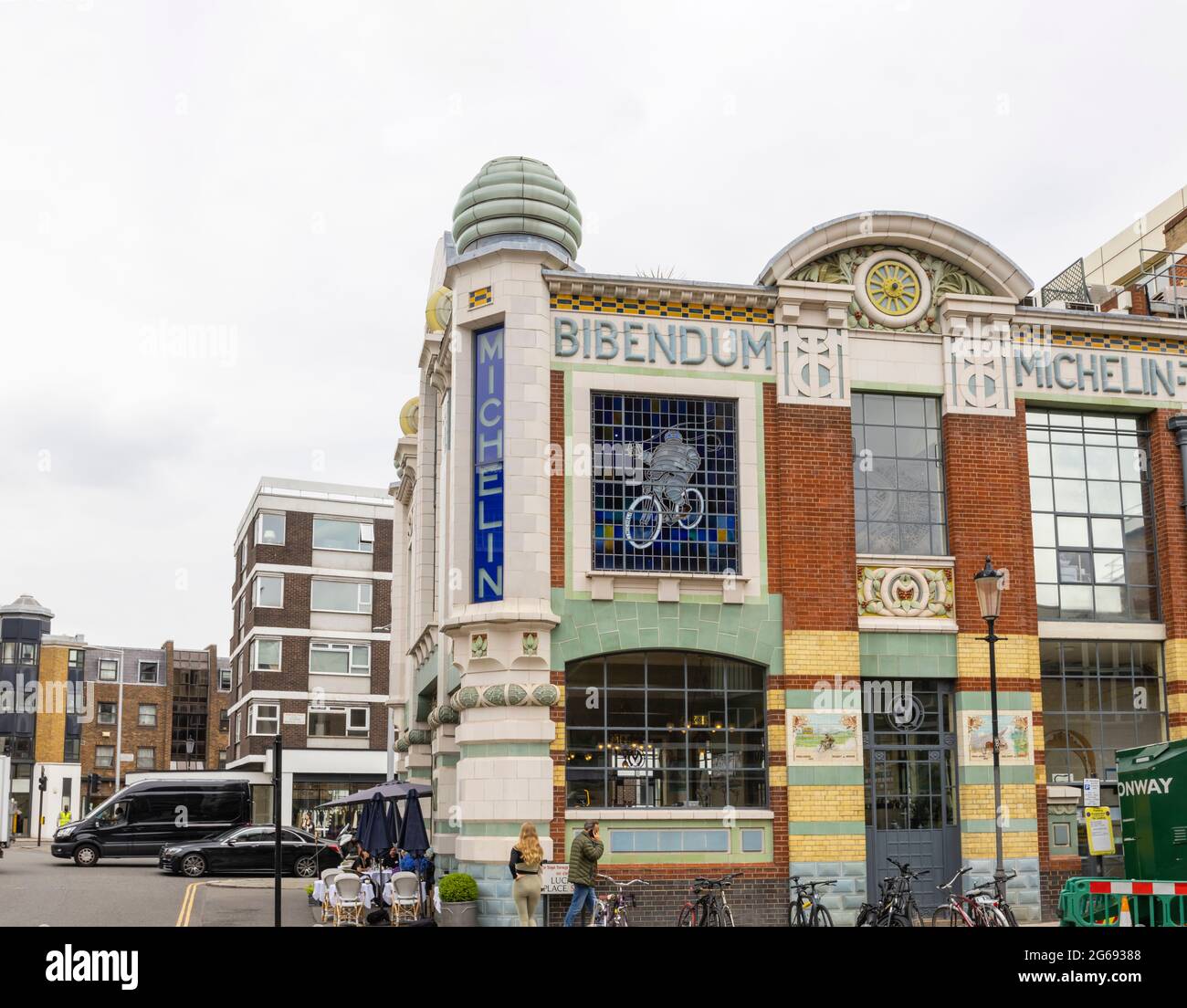 Exterior view of Bibendum, a restaurant in the historic art deco Michelin House building in Fulham Road, Kensington & Chelsea, London SW3 Stock Photo