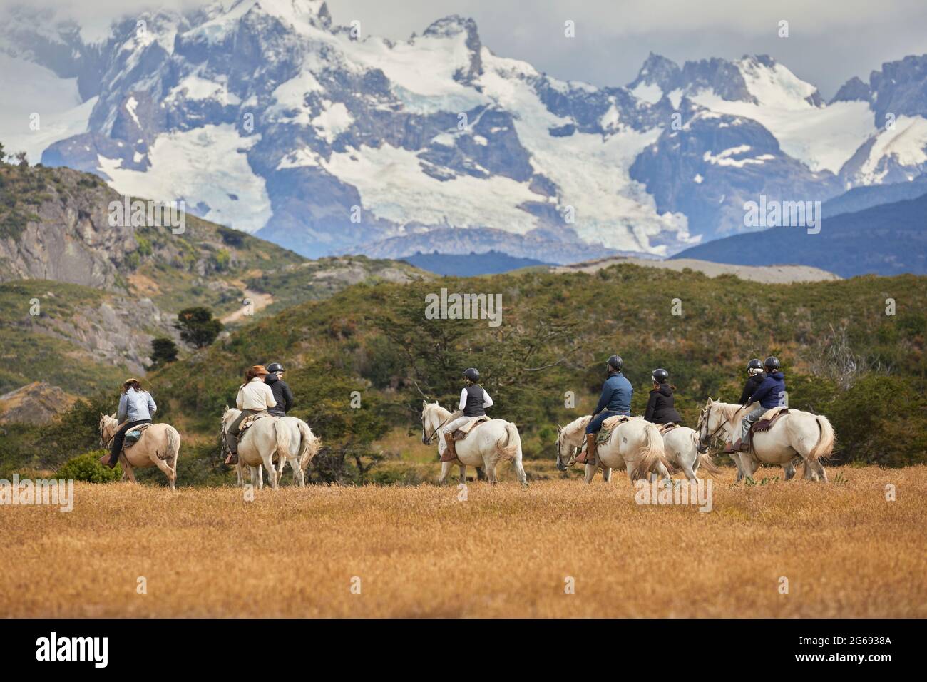 Horse riding activity at the remote Estancia La Peninsula ranch, Antonio Varas Peninsula, Puerto Natales, Patagonia, southern Chile Stock Photo