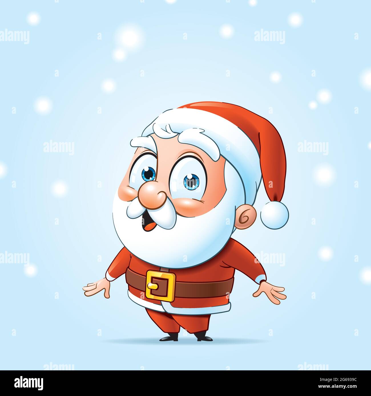Cartoon illustration of a cheerful Santa Claus standing with a snowfall ...