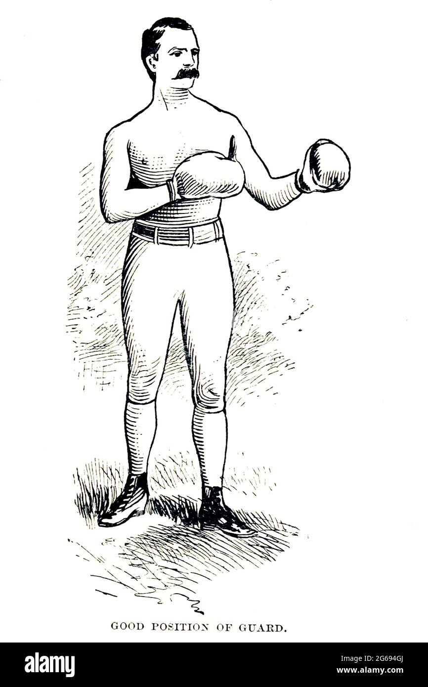 Good Position of Boxing Guard From the book  ' Athletics and manly sport ' by John Boyle O'Reilly, 1844-1890 Published in Boston, by Pilot publishing company in 1890. DEDICATED TO THOSE WHO BELIEVE THAT A LOVE FOR INNOCENT SPORT, PLAYFUL EXERCISE. AND ENJOYMENT OF NATURE, IS A BLESSING INTENDED NOT ONLY FOR THE YEARS OF BOYHOOD, BUT FOR THE WHOLE LIFE OF A MAN Stock Photo