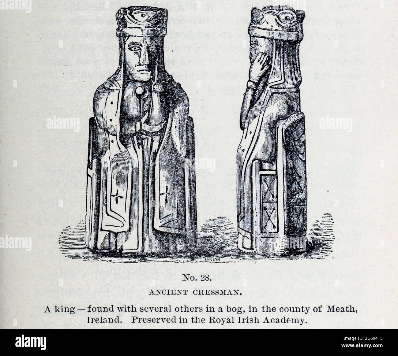 Ancient Chessman A king — found with several others in a bog, in the county of Meath, Ireland. Preserved in the Royal Irish Academy From the book  ' Athletics and manly sport ' by John Boyle O'Reilly, 1844-1890 Published in Boston, by Pilot publishing company in 1890. DEDICATED TO THOSE WHO BELIEVE THAT A LOVE FOR INNOCENT SPORT, PLAYFUL EXERCISE. AND ENJOYMENT OF NATURE, IS A BLESSING INTENDED NOT ONLY FOR THE YEARS OF BOYHOOD, BUT FOR THE WHOLE LIFE OF A MAN Stock Photo